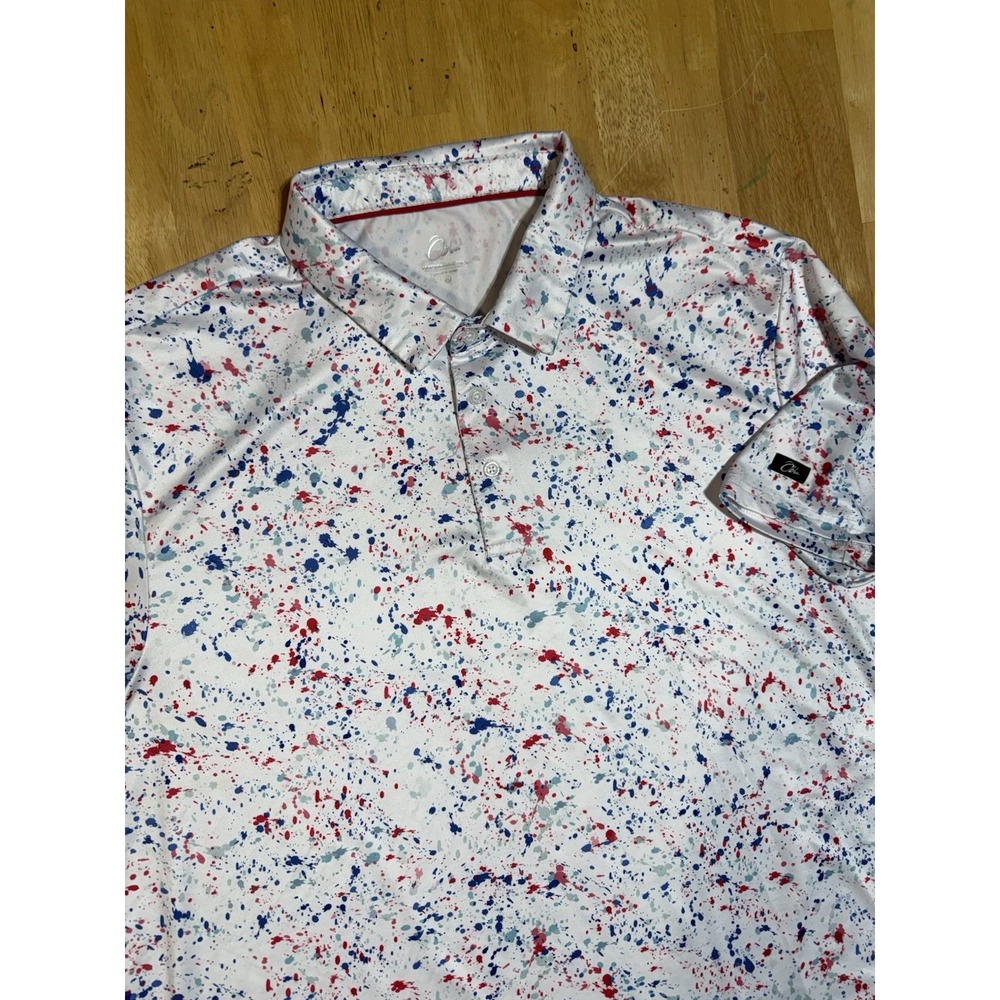Obla Performance Golf Polo Shirt Mens XL Paint Splatter Stretch Patriotic USA